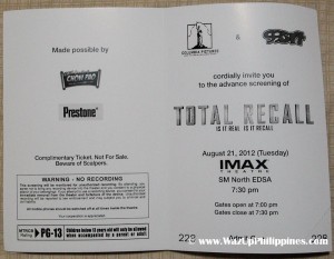 Total Recall Movie 2012 Advance Screening Ticket Inner