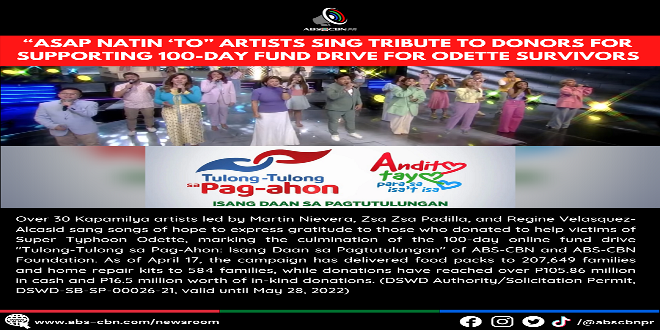 ASAP NATIN ‘TO ARTISTS SING TRIBUTE TO DONORS FOR SUPPORTING 100-DAY FUND DRIVE FOR ODETTE SURVIVORS