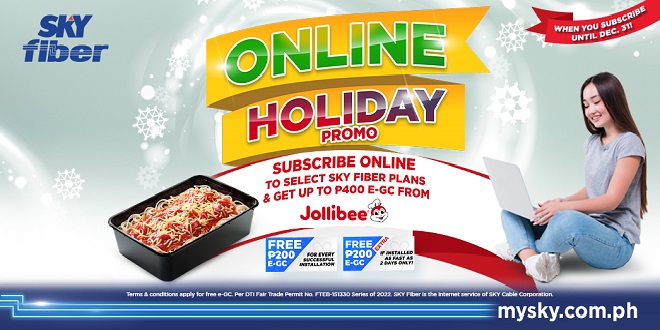 Subscribe online to select SKY Fiber plans and get up to get up to P400 Jollibee e-GCs this holiday season
