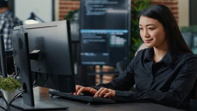 Portrait of smiling asian programer focused on writing code sitting at desk in software development office. System engineer concentrating on creating algorithm for it startup company.
