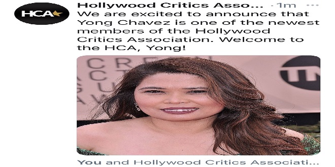 2-Hollywood Critics Association welcomes Yong Chavez of ABS-CBN TFC News North America's Showbiz Tonight as its newest member.