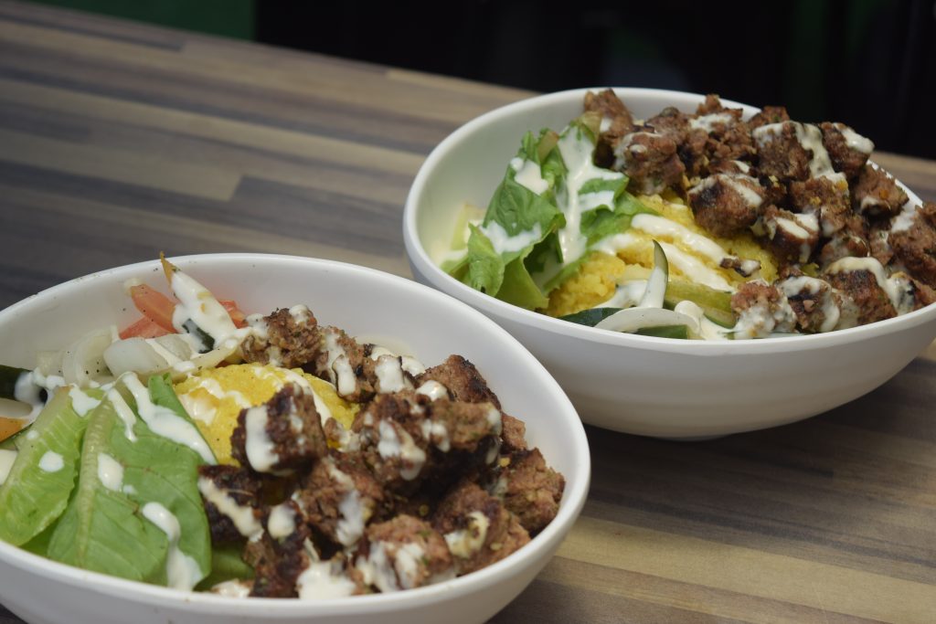 Shawarma Beef Bowl with Meat and Vegetables.