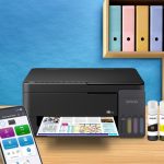 Meet the New Epson EcoTank Series: The Next Generation of Affordable Printing Modern workplace with tablet computer near color wall