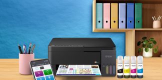 Meet the New Epson EcoTank Series: The Next Generation of Affordable Printing Modern workplace with tablet computer near color wall