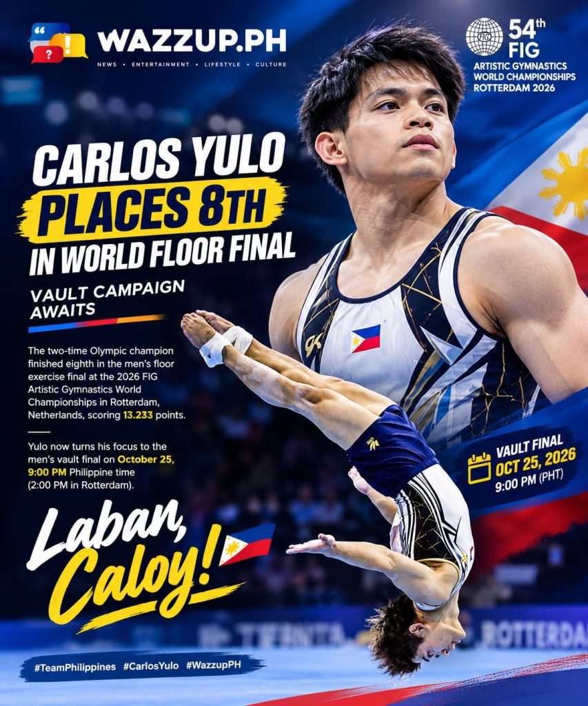 Carlos Yulo finishes eighth in the floor exercise final at the 2026 World Championships in Rotterdam and shifts his focus to the vault final.